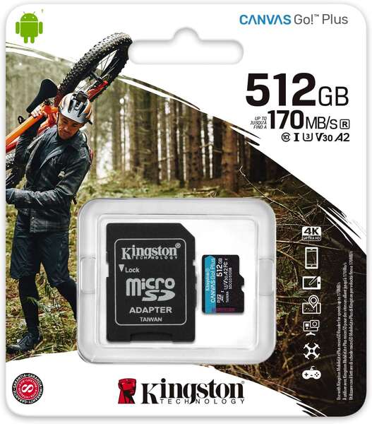 Carte Micro SDXC Kingston 512 Go UHS-I U3 V30 Classe 10 170 Mo/s Canvas Go Plus