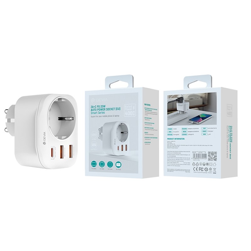 Devia power socket PD charger 20W 1x USB-C 2x USB 3A white