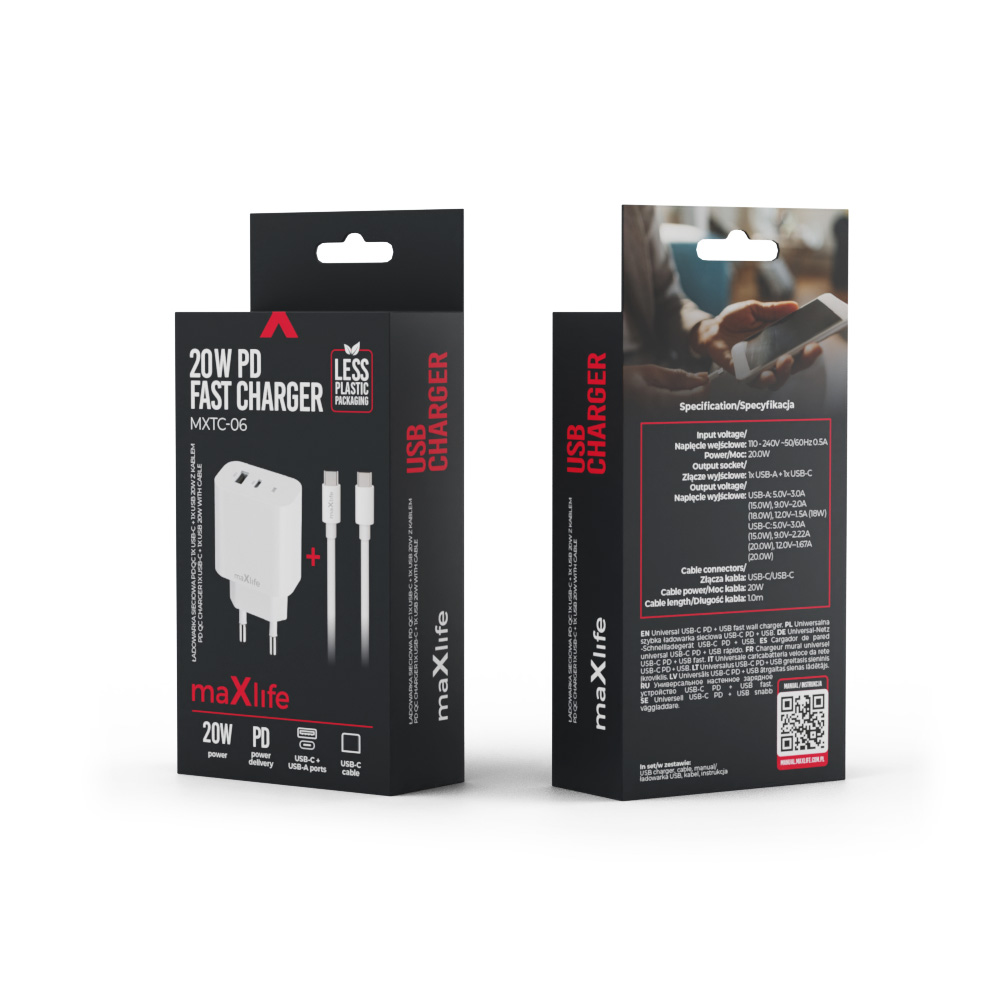 Maxlife MXTC-06-20AC PD QC charger 1x USB-C 1x USB 20W white
