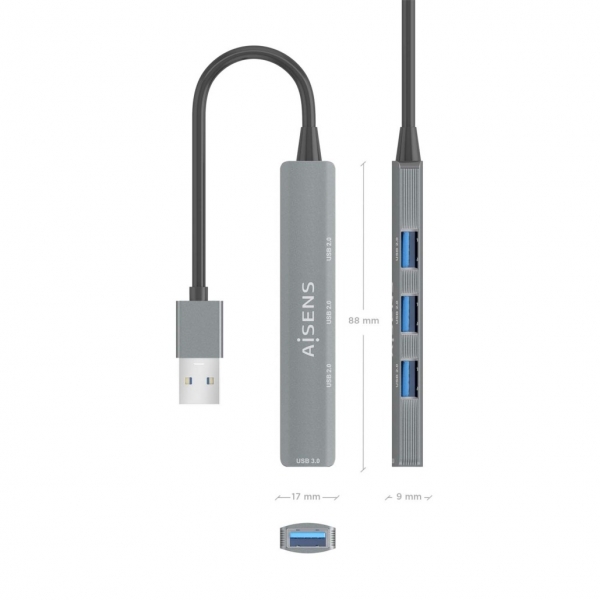 Hub USB ultra fin en aluminium Aisens - 1 x USB 3.0 + 3 x USB 2.0 - Haute vitess